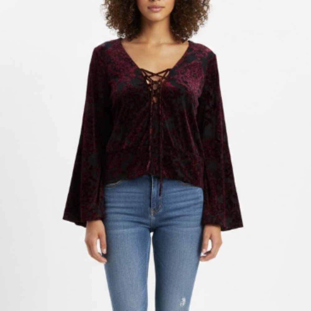 Venus Top size Large Red Black Velvet Burnt-out Flare Sleeve Grunge Whimsigoth